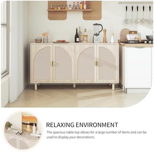 Sideboard Buffet Cabinet with Storage - Rattan 4 Door Cabinet, Accent Storage...