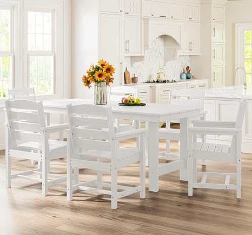 SERWALL 7 Pcs Outdoor Dining Set, 67" HDPE Dining Set for 6, White
