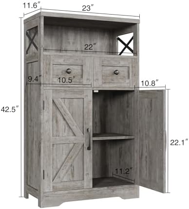 Farmhouse Storage Cabinet with Drawers, Small Kitchen Pantry Cabinet, Gray