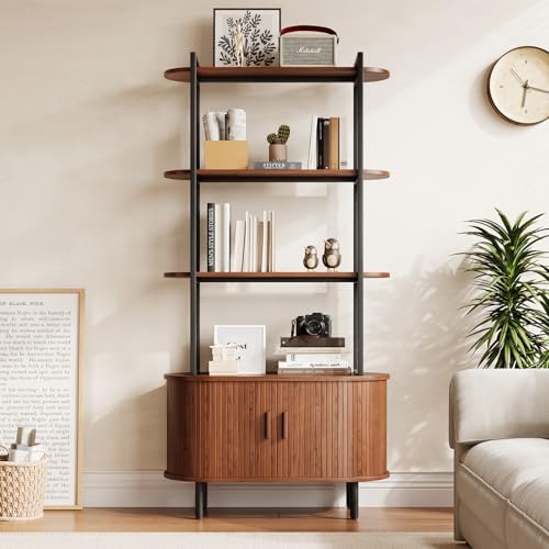 ComfyCorner 4 Tier Bookshelf with Cabinet, 71" Tall Display Bookcase Walnut