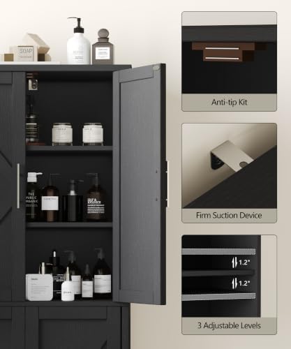 Akxomel 63''H Tall Farmhouse Bathroom Storage Cabinet with 4 Doors Bl...