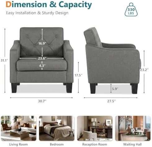 Grey Accent Chairs Set of 2, Wide Comfy Arm Chairs for Living Room, Office