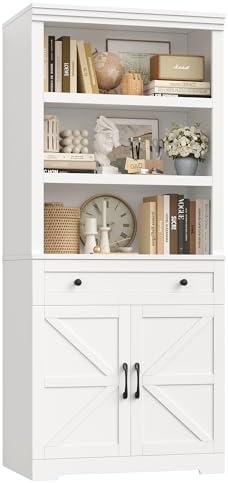 HOSTACK 72"H Bookshelf with Storage, Tall Bookcase with Deep Cabinet, White