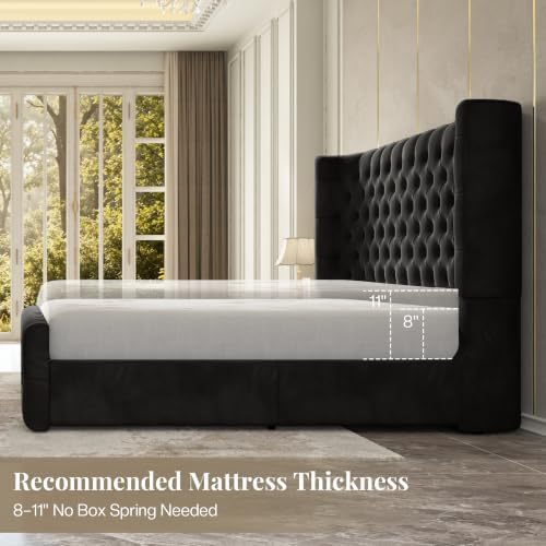 Jocisland King Bed Frame Upholstered Wingback Headboard & Footboard,Black