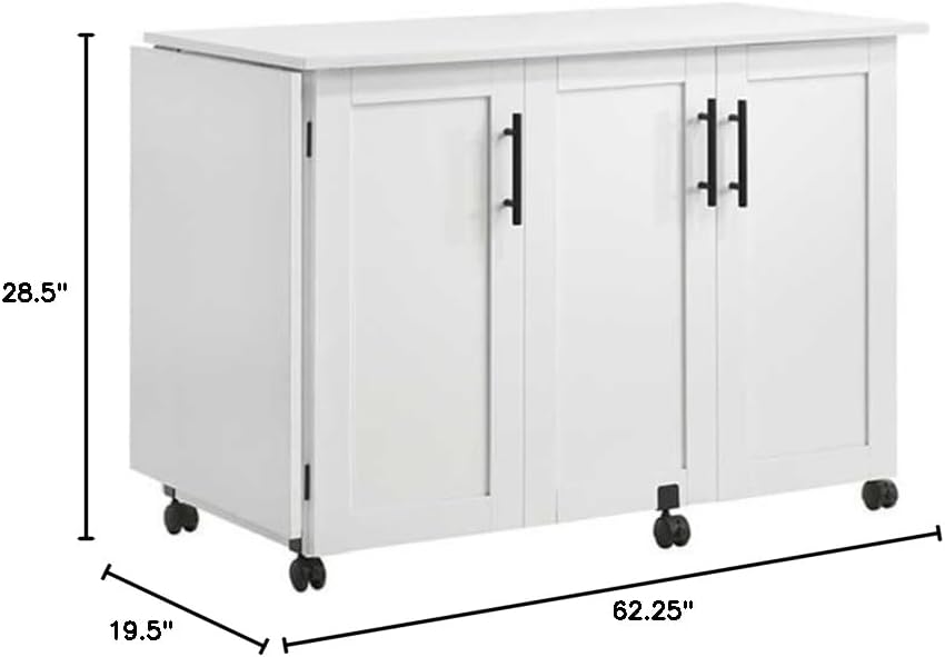 Pemberly Row White Rolling Kitchen Cart with Drop Leaf – Engineered Wood Stor...