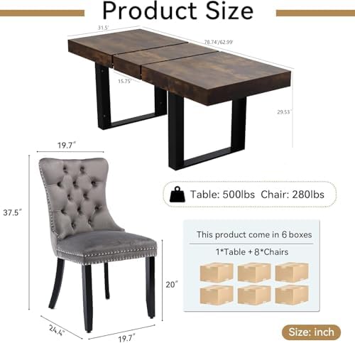 9-Piece Extendable Dining Table Set for 8, 63-78 Inch Rustic Brown Kitchen Ta...