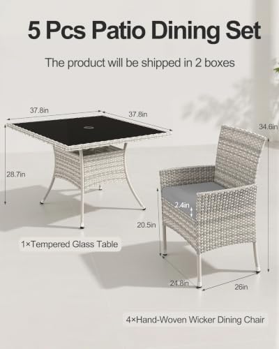 5-Piece Patio Dining, Set Patio Furniture Set Glass Table & 4 Wicker Chairs