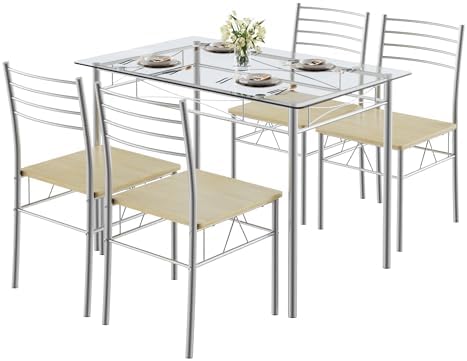 VECELO Dining Table Set for 4, 5-Piece Glass Kitchen Table with Chairs for Sm...