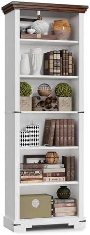 6-Tier Farmhouse Bookshelf, 73 inch Tall Bookcase with 2 Adjustable Shelves, ...