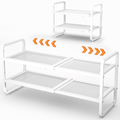 Expandable Metal Shoe Rack for Closet, Entryway & Garage, 2-Tier, White | Adjustable Height for Boots, Stackable Design, Dense Mesh Shelves for Heels, Fits Small Spaces, Apartments and Rentals