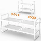 Expandable Metal Shoe Rack for Closet, Entryway & Garage, 2-Tier, White | Adjustable Height for Boots, Stackable Design, Dense Mesh Shelves for Heels, Fits Small Spaces, Apartments and Rentals