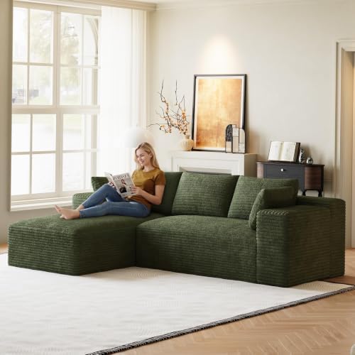 ONEMMLION 96" L-Shaped Cloud Couch Sofa with Chaise, Green | Corduroy Co...
