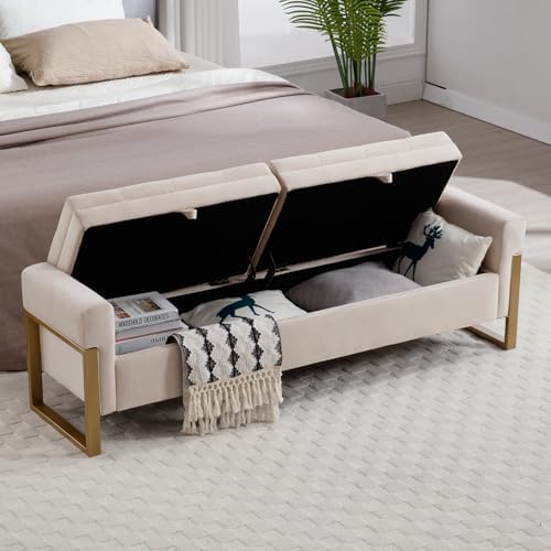 67" Storage Bench for Bedroom, End of Bed Bench King Size, Beige | Doubl...