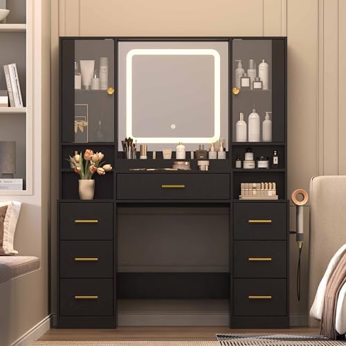 Wodeer Black Makeup Vanity Desk with Mirror & Lights, Modern Vanity Table...