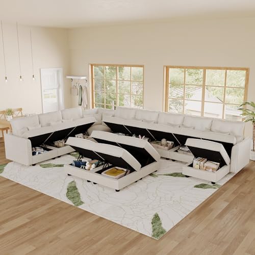 LLappuil 14-Seat Modular Sectional Sofa with Storage, 163" Oversized U-Shaped Corduroy Couch with 10 Throw Pillows, Pet-Friendly Convertible Pit Sofa for Large Spaces, Skin-Friendly, Beige