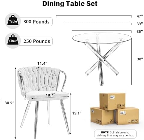 39'' Round Glass Dining Table Set for 4, 5-Piece Modern Dining Room T...