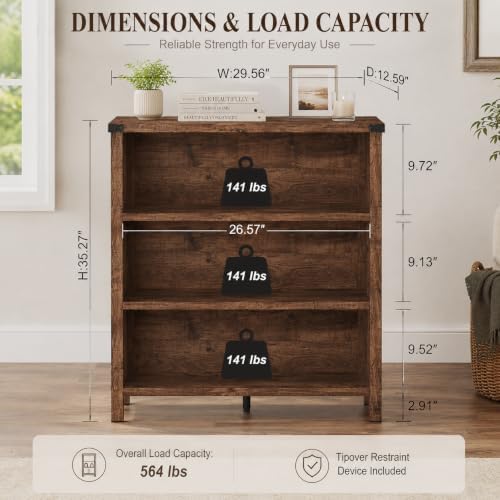 BON AUGURE Rustic Short Bookshelf, 3 Shelf Bookcase, Small Wood Low Book Case...
