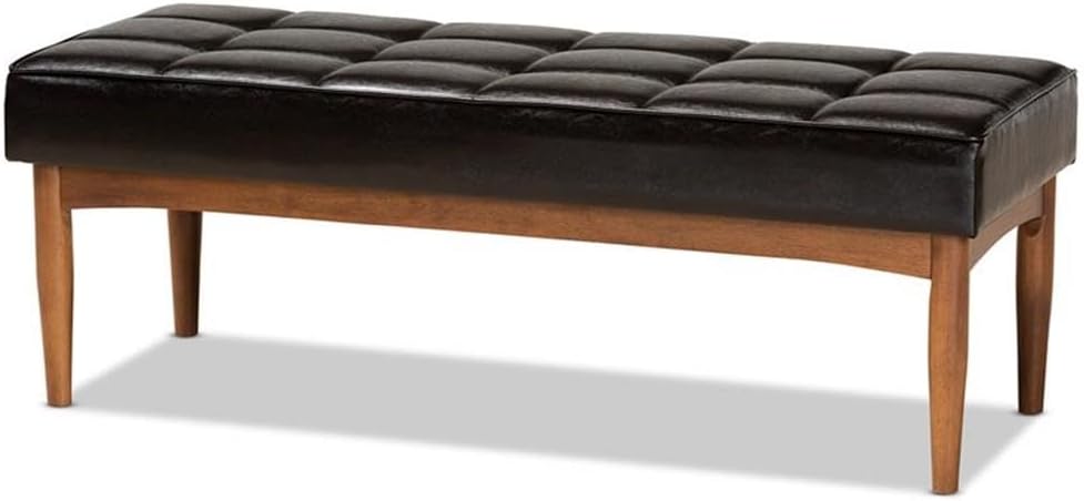 BOWERY HILL Wood Dining Bench, Walnut Brown Finish, Faux Leather Upholstery, ...