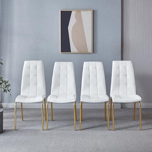 Faux Leather Dining Chairs - Set of 4, Modern White Dining Room Chairs with G...