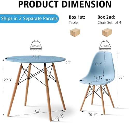 5-Piece Round Dining Set, 35.5" Blue Table Chairs Set of 4