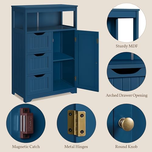 Yaheetech Small Bathroom Storage Cabinet with 3 Drawers, Navy Blue