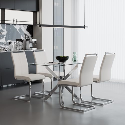 5 Piece Glass Dining Table Set for 4, Modern Tempered Glass Top Kitchen Table...