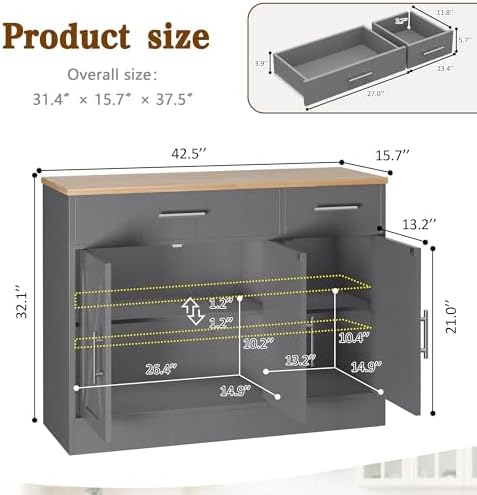 Vongrasig 43" Farmhouse Buffet Cabinet with Storage, Dark Grey