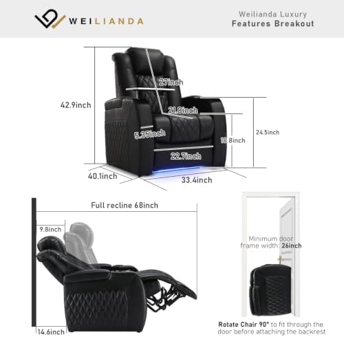 Weilianda Home Theater Seating, Top Grain Leather Movie Theater Chair | Black...