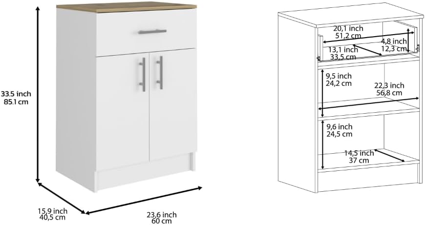 2 Piece Kitchen Set with Island and Pantry Cabinet in White and Light Oak | I...
