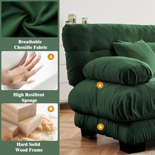 95 inch Modular Sectional Cloud Sofa Couch with Movable Ottoman for Living Room,Velvet Corner Loveseat Sofa with Armrests, Deep Seat Couch (Dark Green, 2 Seat + 1 Ottoman)