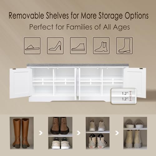 DINZI LVJ Shoe Storage Bench with Cushion, Door, White 47.2" LX17.7 H | ...