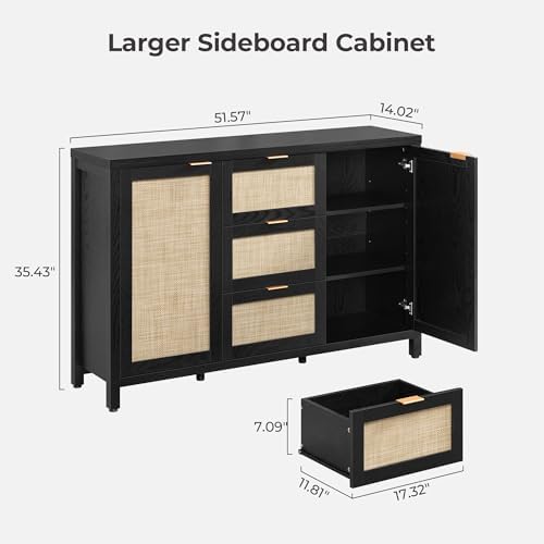 SICOTAS Sideboard Buffet Cabinet with 3 Drawers, Rattan Storage Cabinet