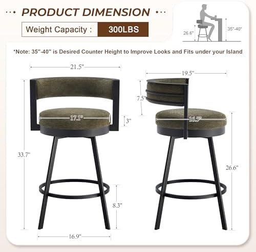 Flouki Swivel Counter Height Bar Stools Set of 2, Upholstered 26.6" Mode...