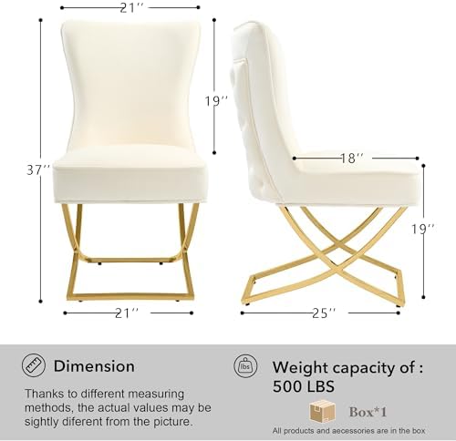 LOULENS Velvet Dining Chairs Set of 2, Tufted Wingback Gold X-Legs, Beige