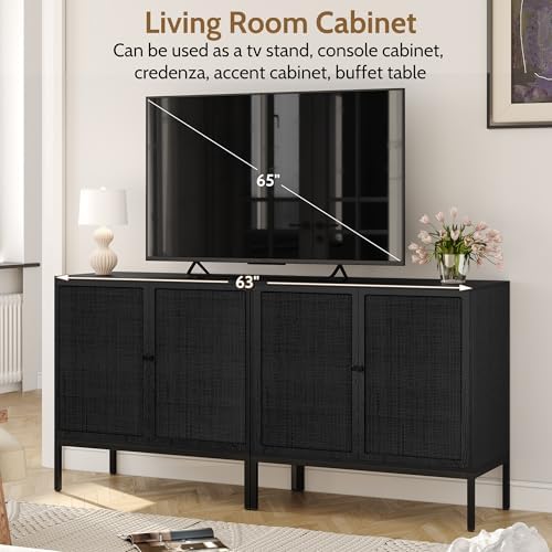 Yechen 63“ W Black Rattan Cabinet, Farmhouse Sideboard Cabinet with Natural R...