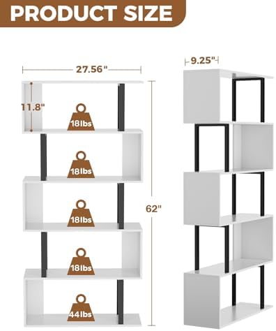 Gadroad 5-Tier Tall Bookshelf, S-Shaped Book Shelf Unit, White
