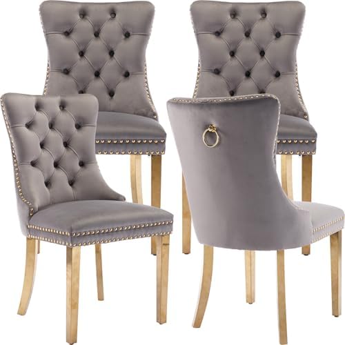 Luxury Upholstered Dining Chairs Set of 4, Grey Kitchen Chair with Golden Met...