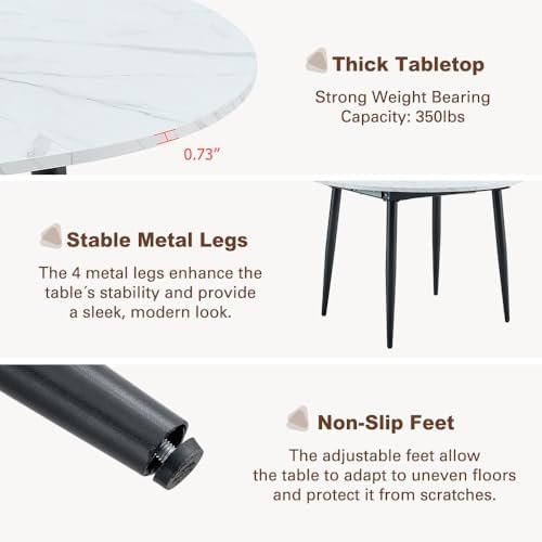 42"-54" Round to Oval Extendable Dining Room Table, White Faux Marb...
