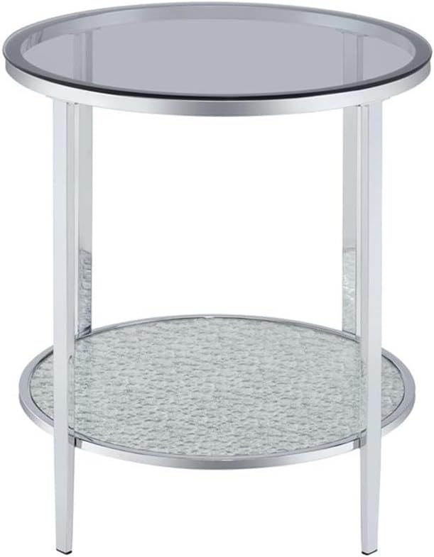 Pemberly Row Round Chrome and Tempered Glass End Table, Smoky Glass Top, Text...