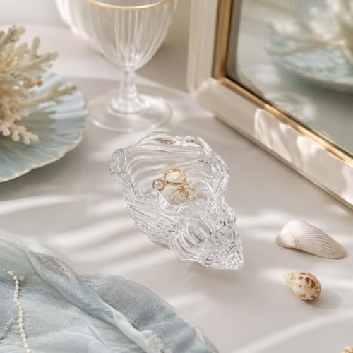 Glass Conch Shell Jewelry Dish Tray| Shell Trinket Dish Ring Earring Holder| Ocean Coastal Decorative Trinket Plate for Rings Earrings Necklaces Bracelet|Gift for Women (Transparent)