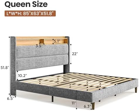 Queen Size Upholstered Bookcase Bed Frame, 51.8-Inch Headboard, Grey