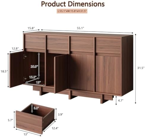 55in Walnut Buffet Cabinet, Mid Century Wood Sideboard Storage