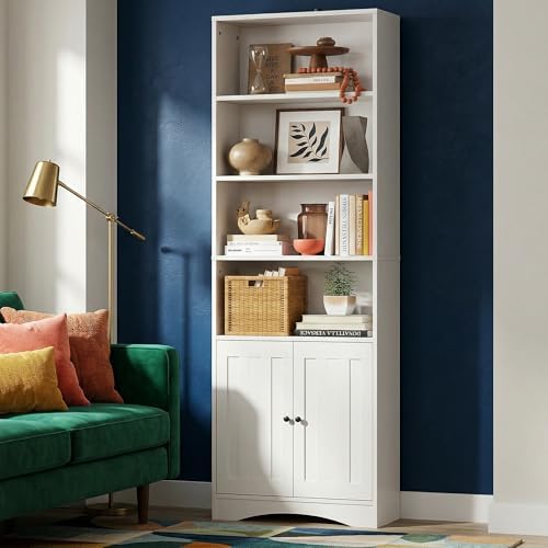 Gizoon 6-Shelf Bookcase, White Bookcases with Doors