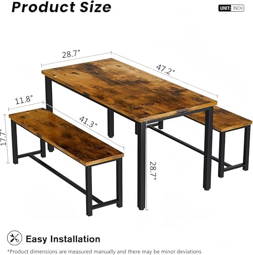 Recaceik 47" Brown Dining Table Set for 4, 3-Piece Kitchen Set