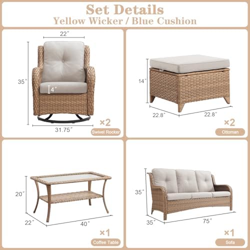 Belord 6 Piece Wicker Patio Furniture Set, Outdoor Swivel Rocker Chairs Set o...