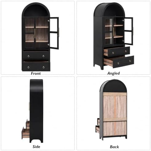 71" Tall Arched Kitchen Pantry Cabinet with Glass Doors, Modern Wood Chi...