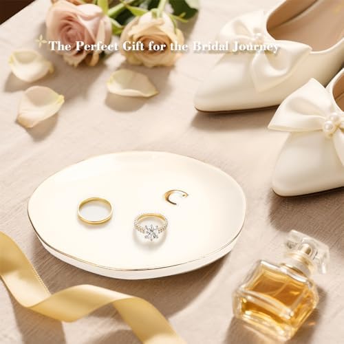 Initials Ring Dish Jewery Tray Ceramic Jewelry Tray Engagement Wedding Gifts for Friends,Sister,Birthday for Women, 4.75"