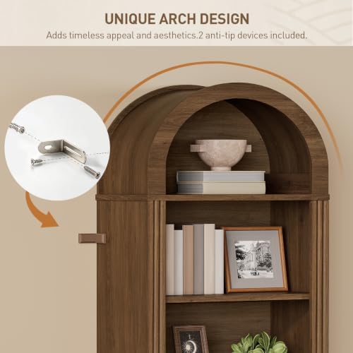 RALGEND Arched Bookshelf, 75.8" Tall Narrow Bookcase with Storage