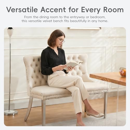 Beige Velvet Dining Bench, Tufted Upholstered Dining Loveseat | Wing Back Sea...