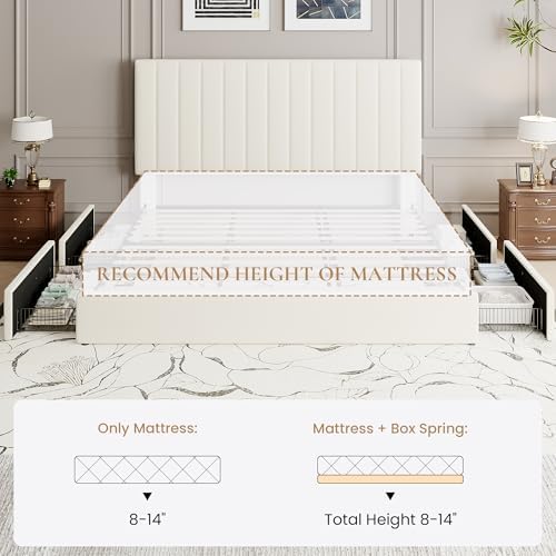 SHA CERLIN King Size Platform Bed Frame with 4 Storage Drawers